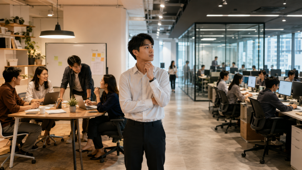 เด็กจบใหม่กำลังเปรียบเทียบสภาพแวดล้อมการทำงานในบริษัทเล็กและบริษัทใหญ่