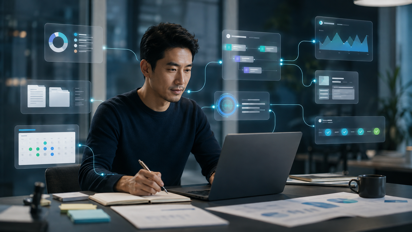 คนทำงานกำลังใช้ระบบ AI อัจฉริยะที่สามารถช่วยดำเนินงานหลายขั้นตอน