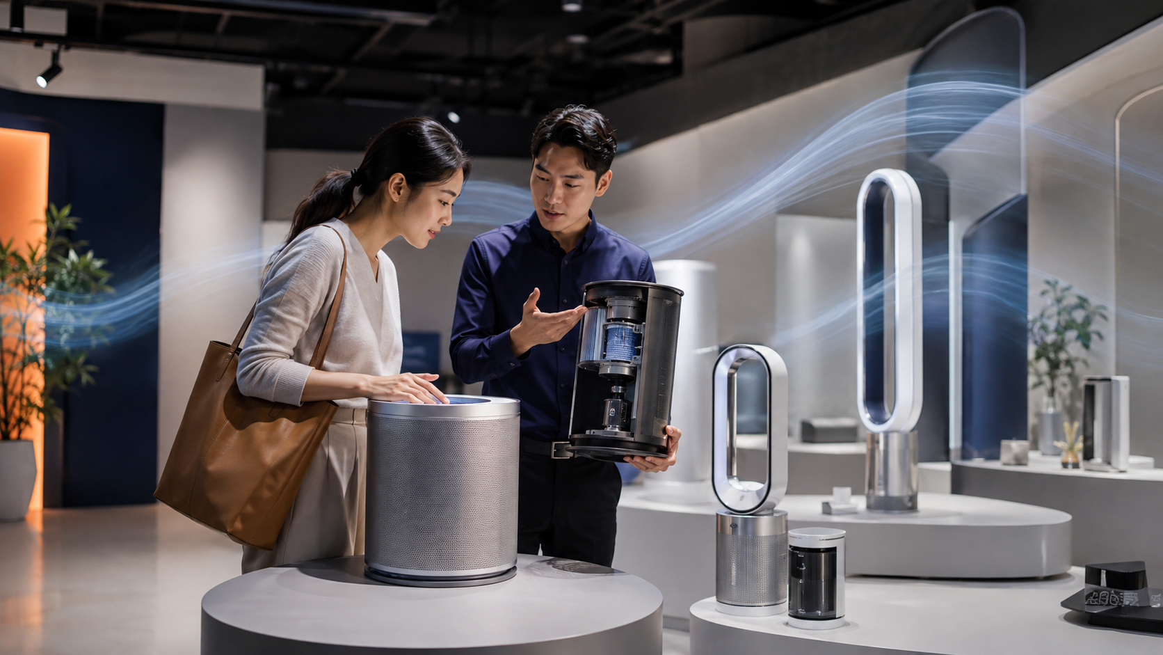 ลูกค้ากำลังทดลองเครื่องใช้เทคโนโลยีพรีเมียมภายในร้านสาธิตที่ออกแบบอย่างทันสมัย