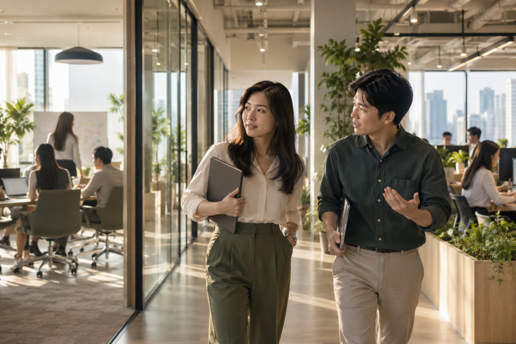 คนทำงานกำลังพิจารณาโอกาสในเส้นทางอาชีพภายในสำนักงานสมัยใหม่